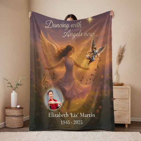Dancing With Angels Memorial Blanket – Personalized Tribute with Photo & Name – Comforting Bereavement Gift for Loss of Loved One
