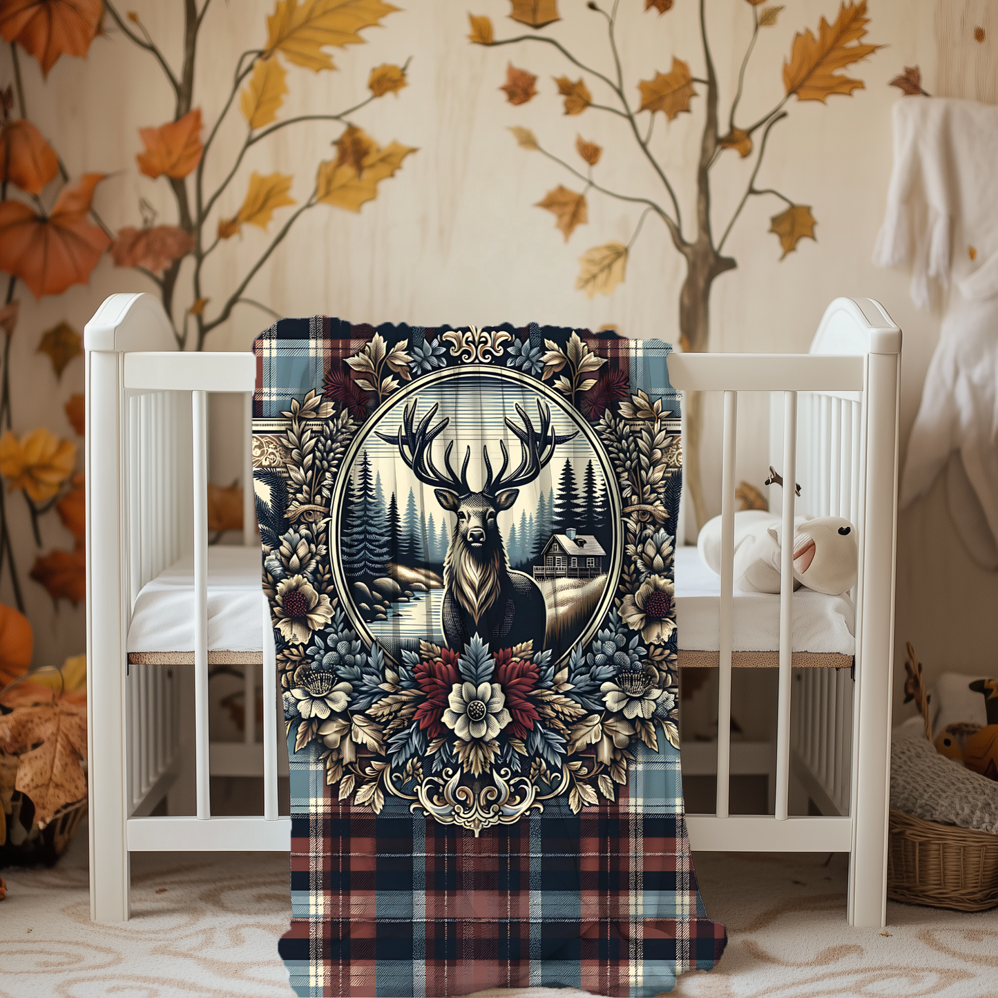 Rustic Plaid Deer Blanket – Cozy Cabin-Inspired Velveteen Throw, 50x60