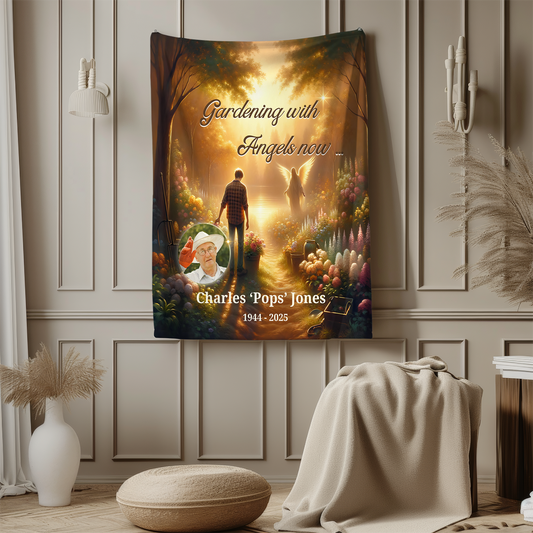 Personalized Memorial Blanket – Gardening with Angels Now – Loss of Father or Grandfather – Custom Photo Tribute Gift