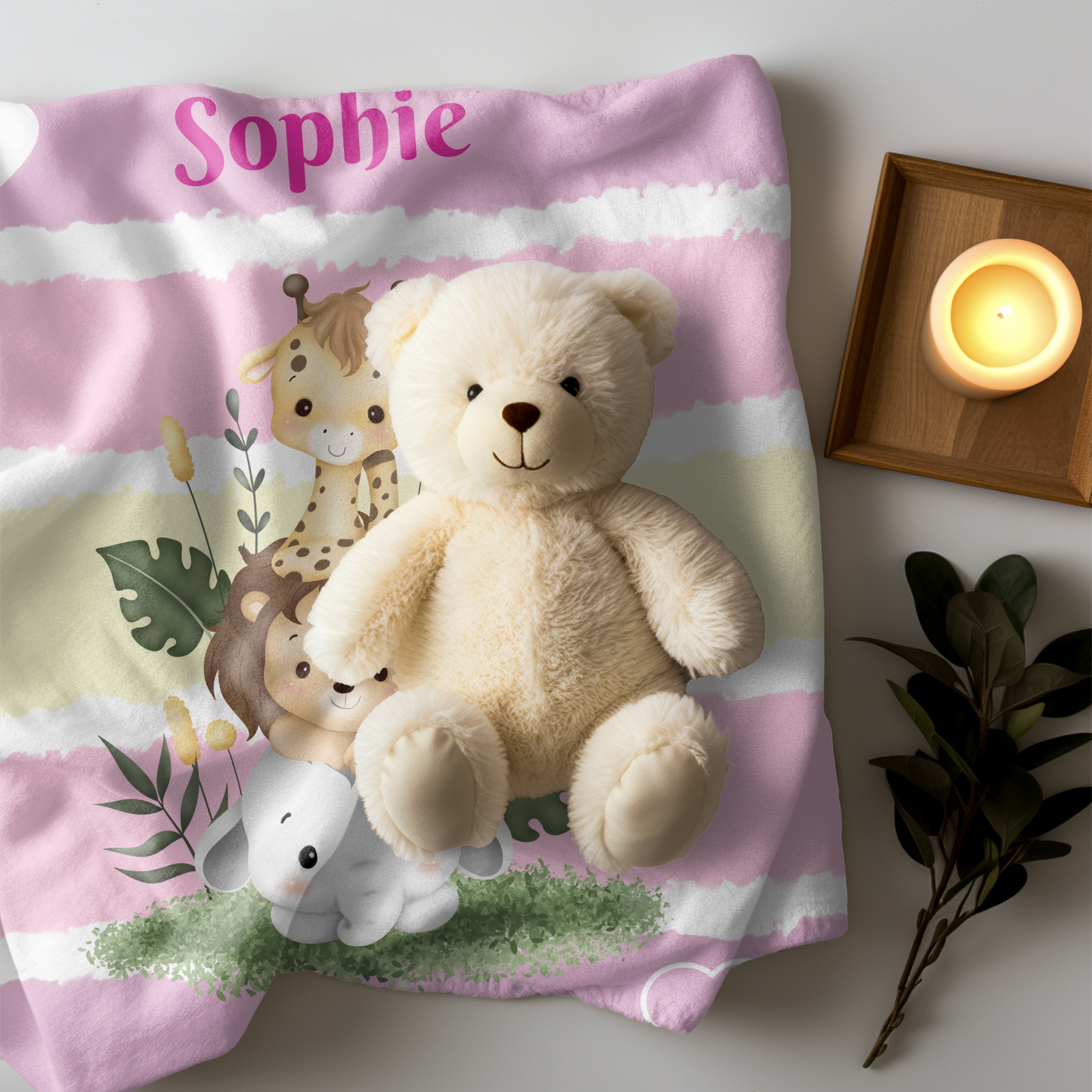 Personalized Pink Jungle Baby Blanket – Custom Name Minky Safari Blanket for Girls