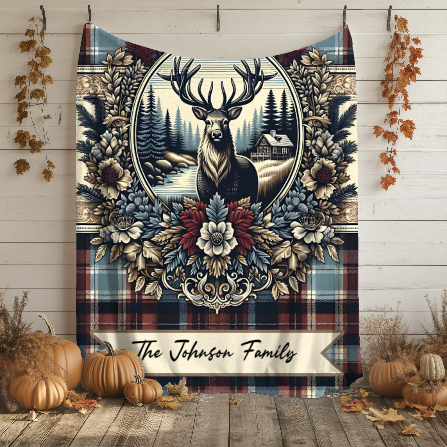 Personalized Buck Plaid Blanket – Custom Name Rustic Velveteen Throw