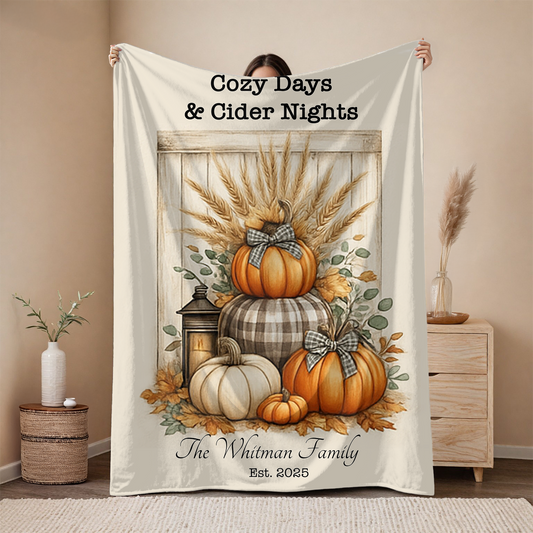 Personalized Fall Blanket – Cozy Days & Cider Nights – Custom Family Name Throw – Autumn Home Decor – Pumpkin & Lantern Design