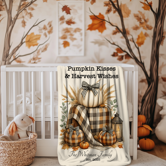 Pumpkin Kisses & Harvest Wishes | Personalized Fall Blanket with Plaid Pumpkins | Soft Velveteen Throw for Cozy Autumn Days