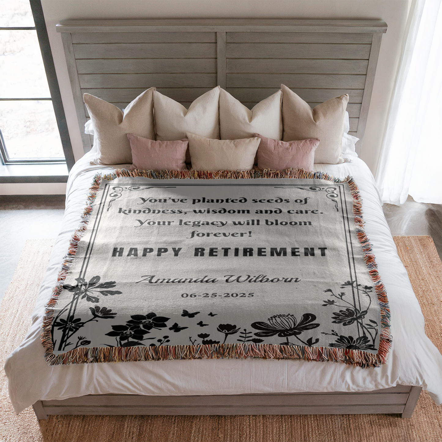 Personalized Retirement Woven Blanket – Floral Silhouette, “Legacy Will Bloom Forever”