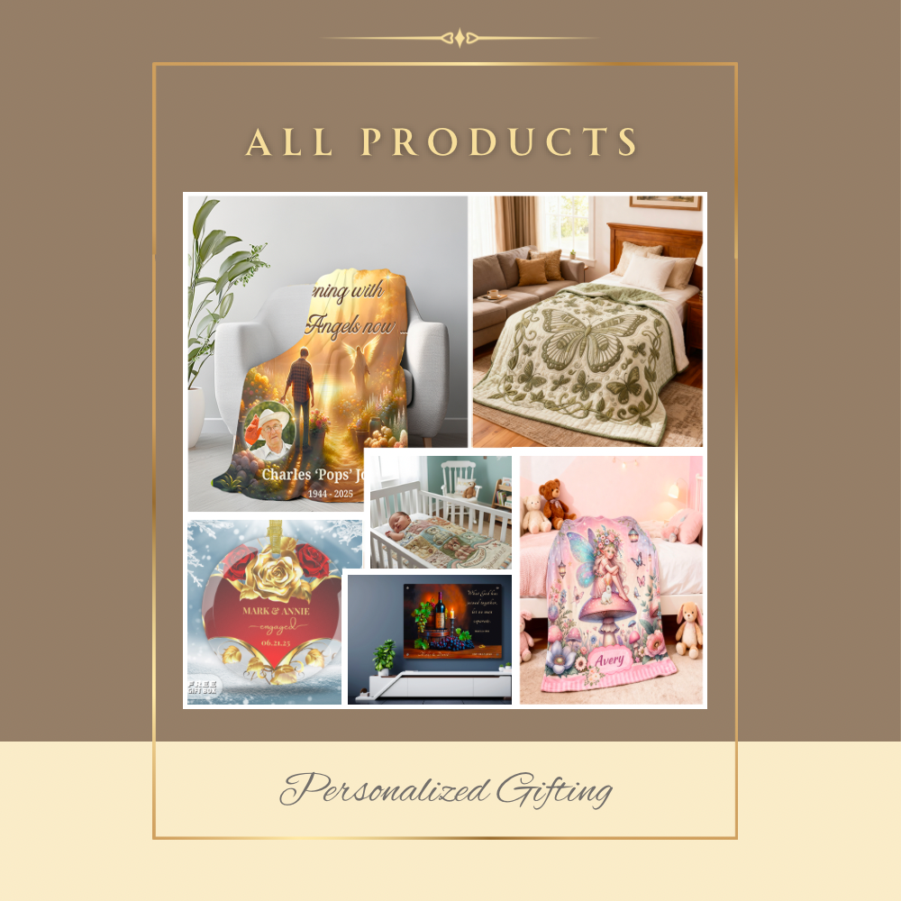 Collage of personalized gifts including blankets, wall art, ornaments, candles, and framed prints, all displayed under “All Products.”