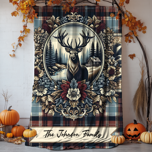 Personalized Buck Plaid Blanket – Custom Name Rustic Velveteen Throw
