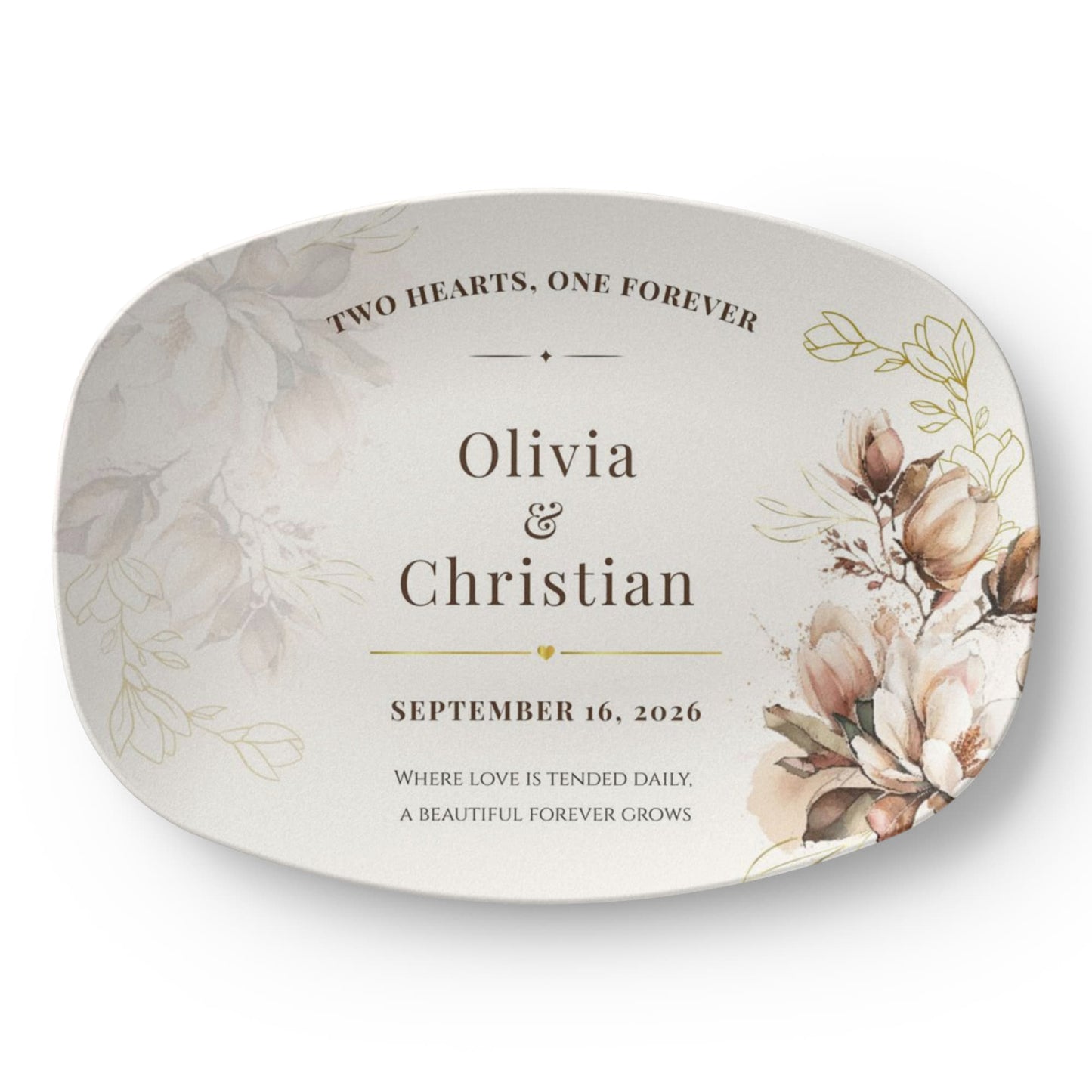 Custom Wedding Platter with Names & Date • Magnolia Floral Keepsake Plate • Elegant Personalized Wedding Gift for Couples
