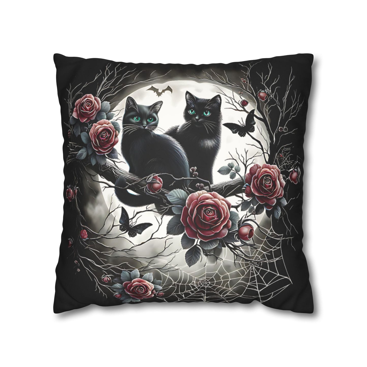 Black Cat Pillow Cover - 2 Kittens with Emerald Green Eyes, Halloween or Gothic Home Decor, Cute Cat Accent Pillow. Cover