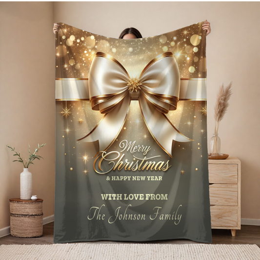 Personalized Family Christmas Blanket – Gold Bow Velveteen Throw, Custom Holiday Greeting