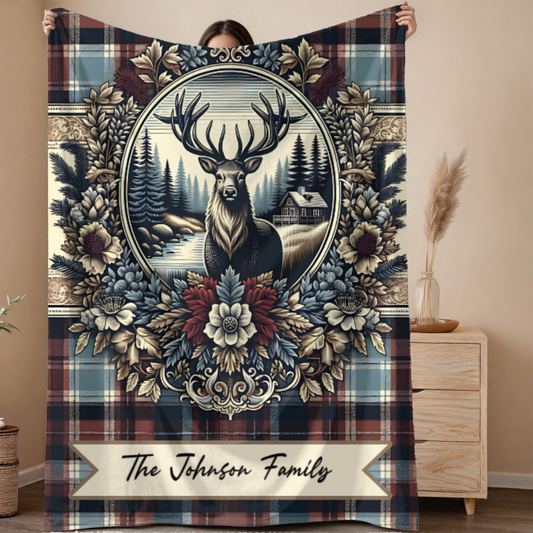 Personalized Buck Plaid Blanket – Custom Name Rustic Velveteen Throw