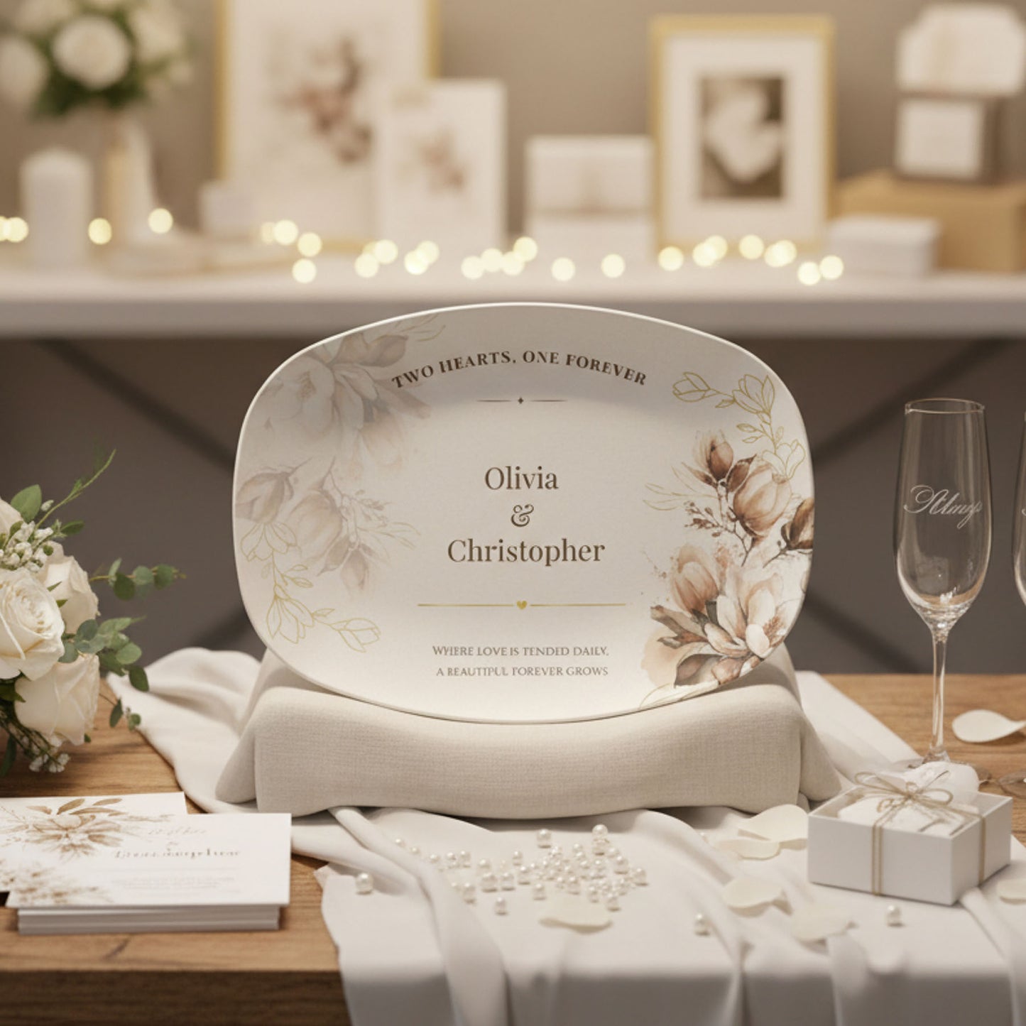 Custom Wedding Platter with Names & Date • Magnolia Floral Keepsake Plate • Elegant Personalized Wedding Gift for Couples