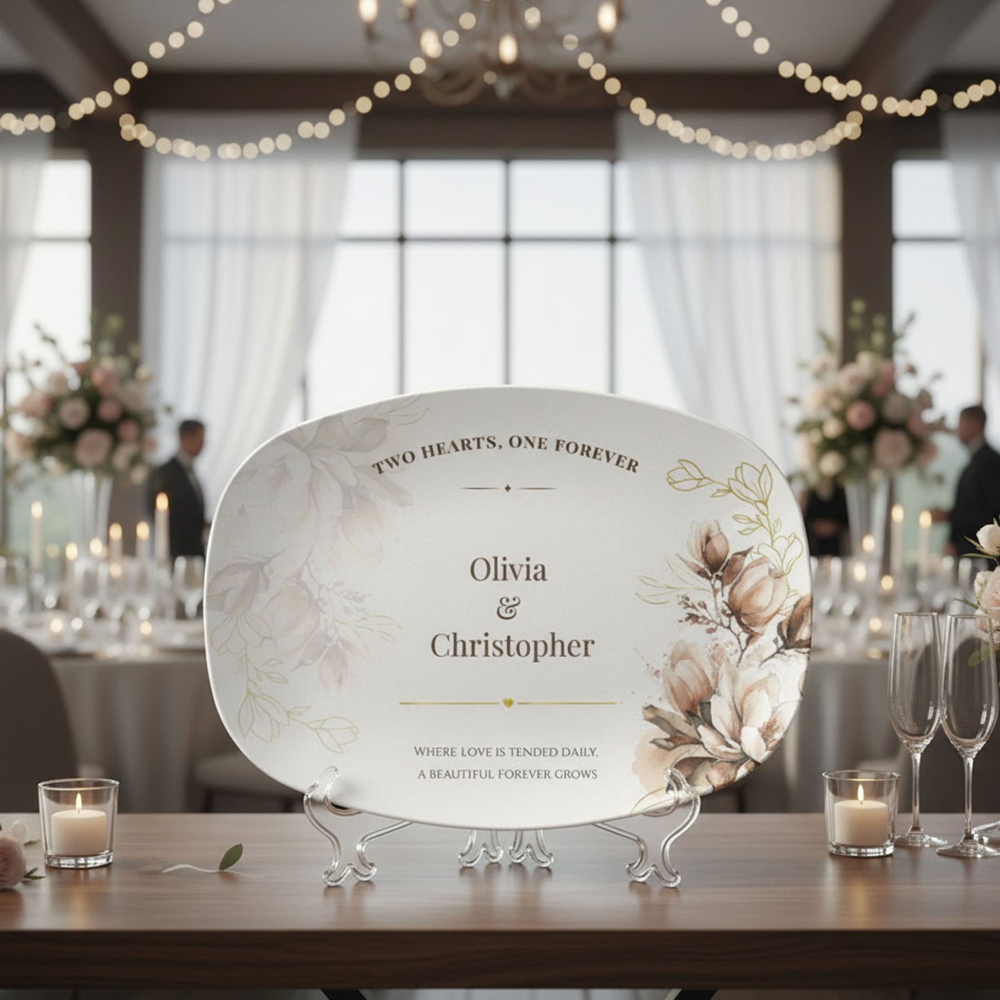 Custom Wedding Platter with Names & Date • Magnolia Floral Keepsake Plate • Elegant Personalized Wedding Gift for Couples