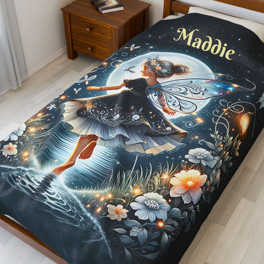 Personalized Fairy Moonlight Blanket for Girls – Custom Name Velveteen Throw, Enchanted Starry Sky Gift in 2 Sizes