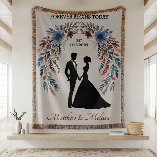 Personalized Wedding Woven Blanket – Forever Begins Today with Couple Silhouette