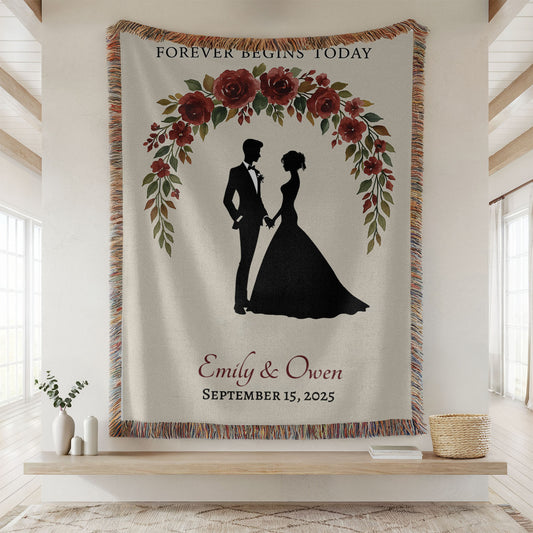 Personalized Wedding Woven Blanket – Forever Begins Today with Couple Silhouette