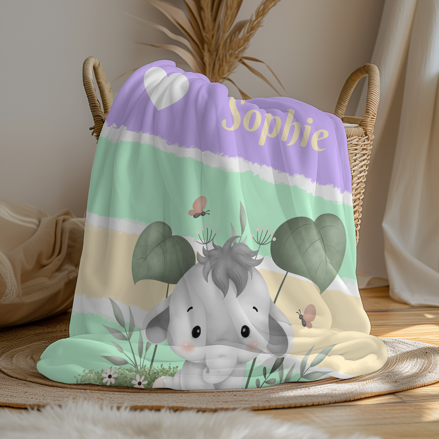 Personalized Elephant Baby Blanket – Lavender & Mint Minky Blanket for Girls
