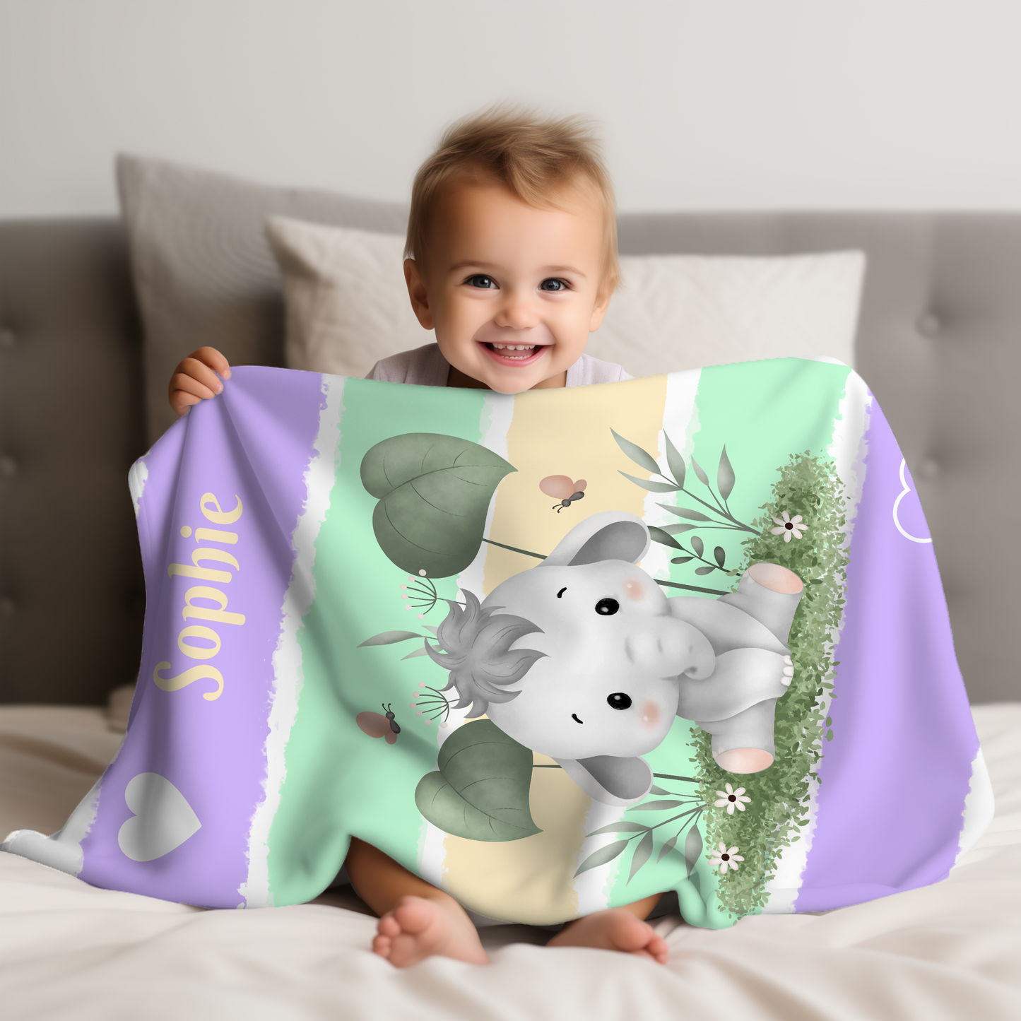 Personalized Elephant Baby Blanket – Lavender & Mint Minky Blanket for Girls