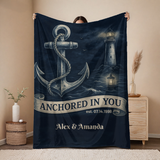 Anchored in You Blanket – Personalized Nautical Couple Throw with Lighthouse and Names