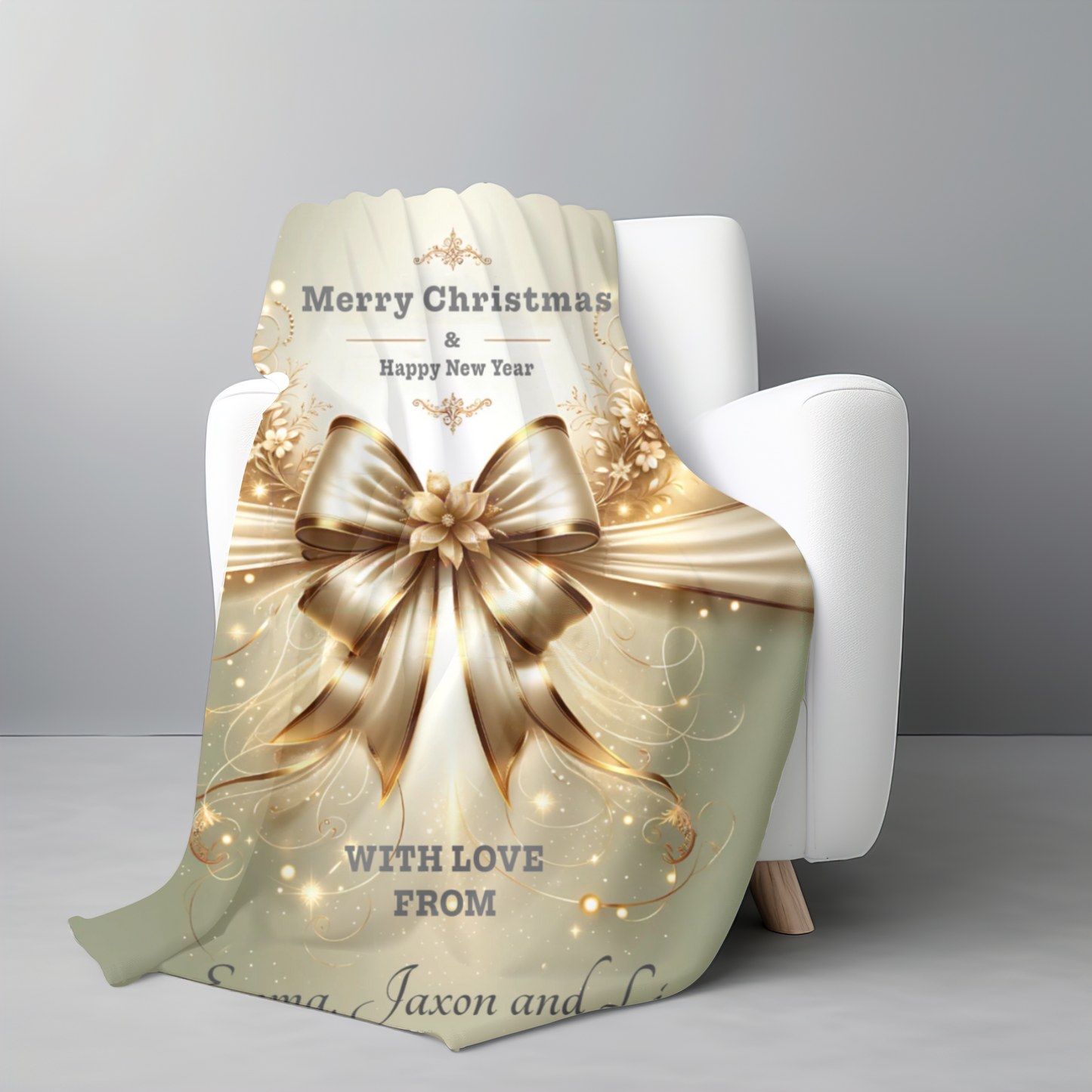 Personalized Christmas Blanket – Elegant Gold Bow Velveteen Throw, Custom Name Gift