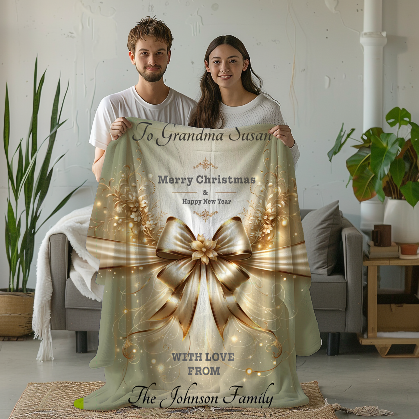 Personalized Christmas Blanket – Elegant Gold Bow Velveteen Throw, Custom Name Gift