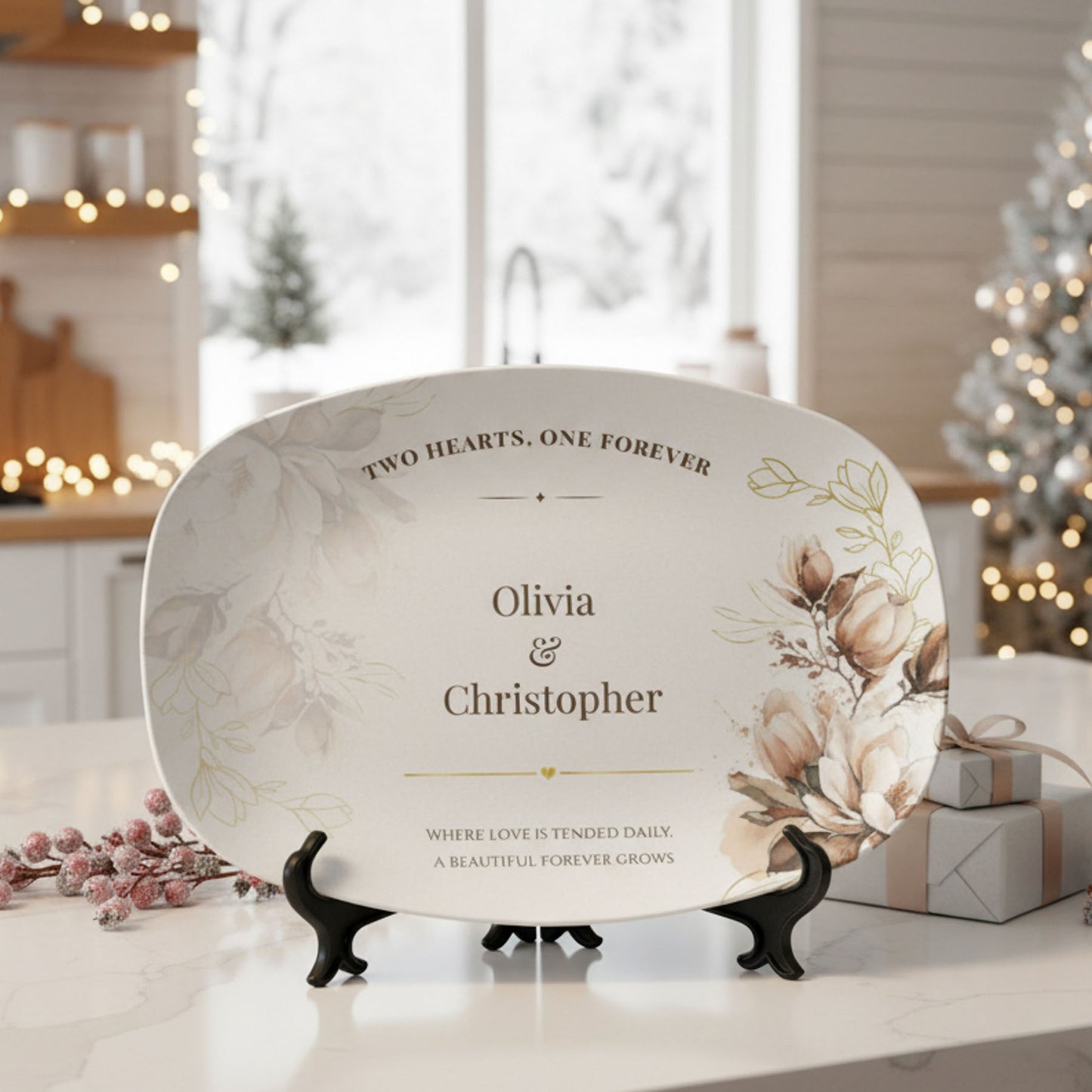 Custom Wedding Platter with Names & Date • Magnolia Floral Keepsake Plate • Elegant Personalized Wedding Gift for Couples