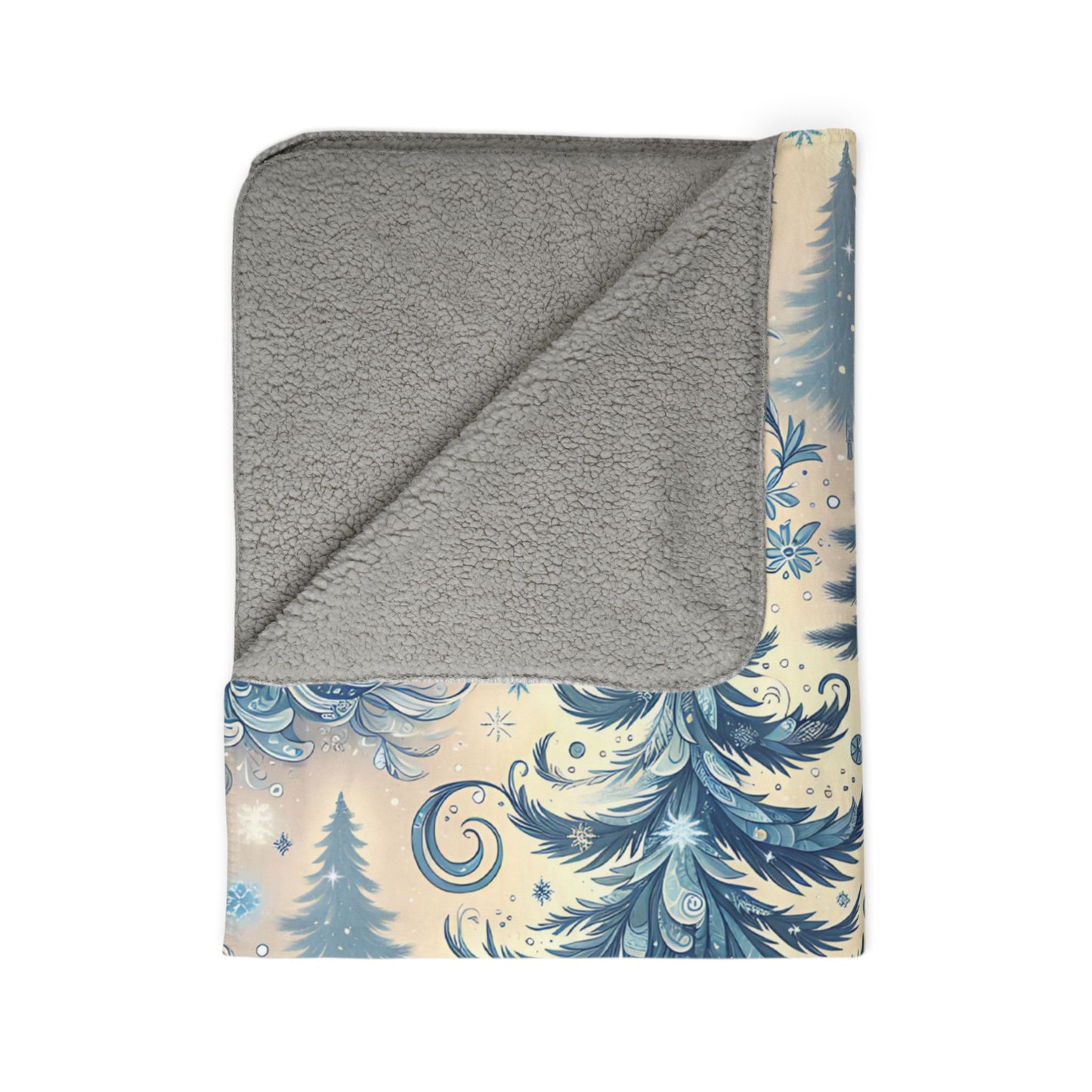 Frosted Woodland Christmas Fleece Sherpa Blanket – Cozy 50x60” Winter Trees Design – Beige or Grey Backing