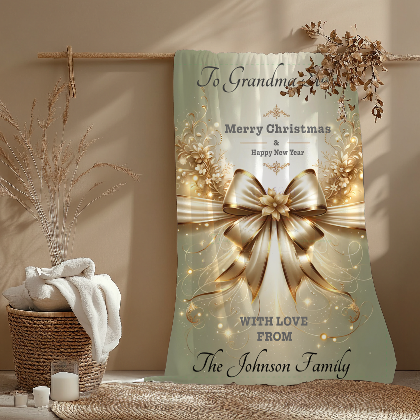 Personalized Christmas Blanket – Elegant Gold Bow Velveteen Throw, Custom Name Gift