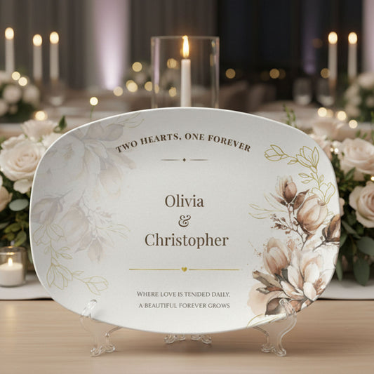Custom Wedding Platter with Names & Date • Magnolia Floral Keepsake Plate • Elegant Personalized Wedding Gift for Couples