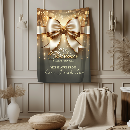 Personalized Family Christmas Blanket – Gold Bow Velveteen Throw, Custom Holiday Greeting