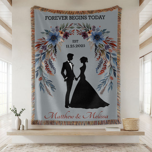 Personalized Wedding Woven Blanket – Forever Begins Today with Couple Silhouette