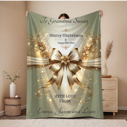 Personalized Christmas Blanket – Elegant Gold Bow Velveteen Throw, Custom Name Gift