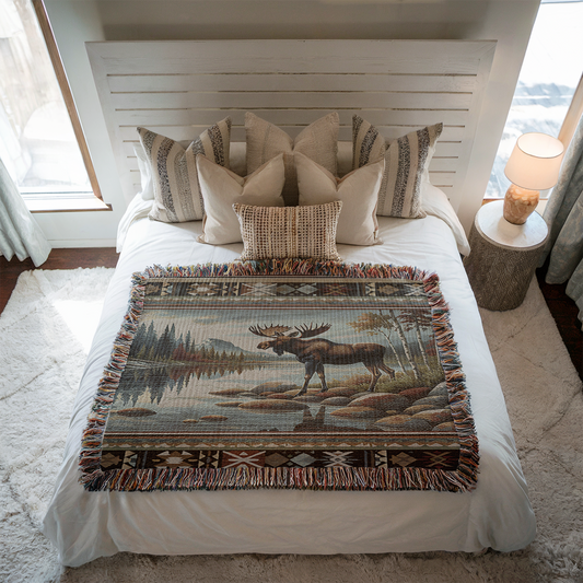 Mountain Stream Moose Woven Blanket – Rustic Cabin Decor Throw, Nature-Inspired Tapestry, Cozy Lodge Blanket Gift