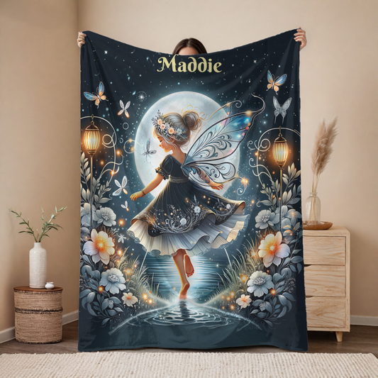 Personalized Fairy Moonlight Blanket for Girls – Custom Name Velveteen Throw, Enchanted Starry Sky Gift in 2 Sizes