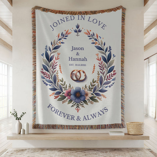 Joined in Love Personalized Wedding Blanket – Woven Throw with Names, Date & Rings – Forever & Always Anniversary Gift