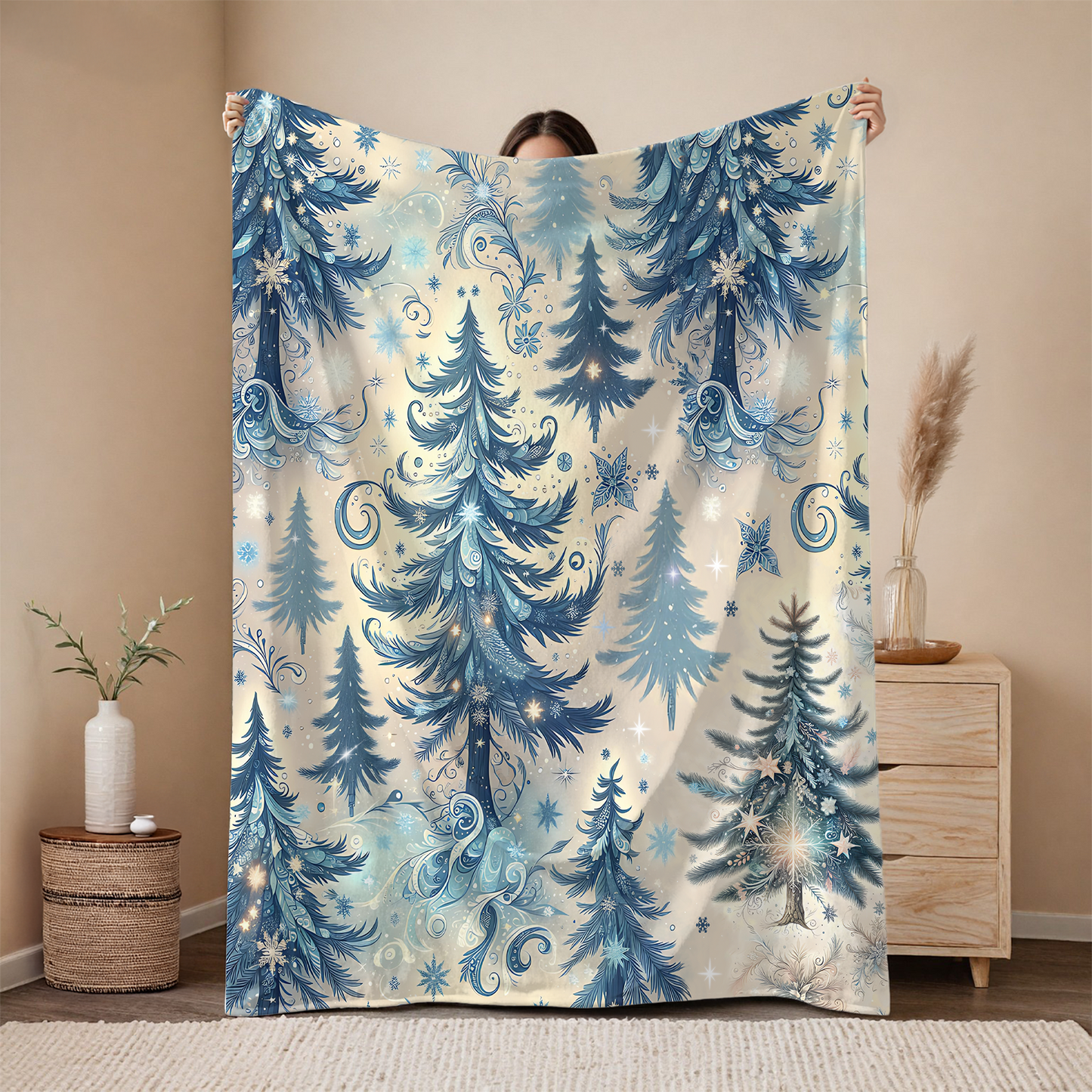 Frosted Woodland Christmas Fleece Sherpa Blanket – Cozy 50x60” Winter Trees Design – Beige or Grey Backing