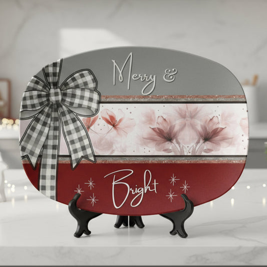 Merry & Bright Floral Christmas Platter • 10x14 Holiday Serving Tray • Oven Safe • Dishwasher Safe • Hostess Gift • Family Dinnerware
