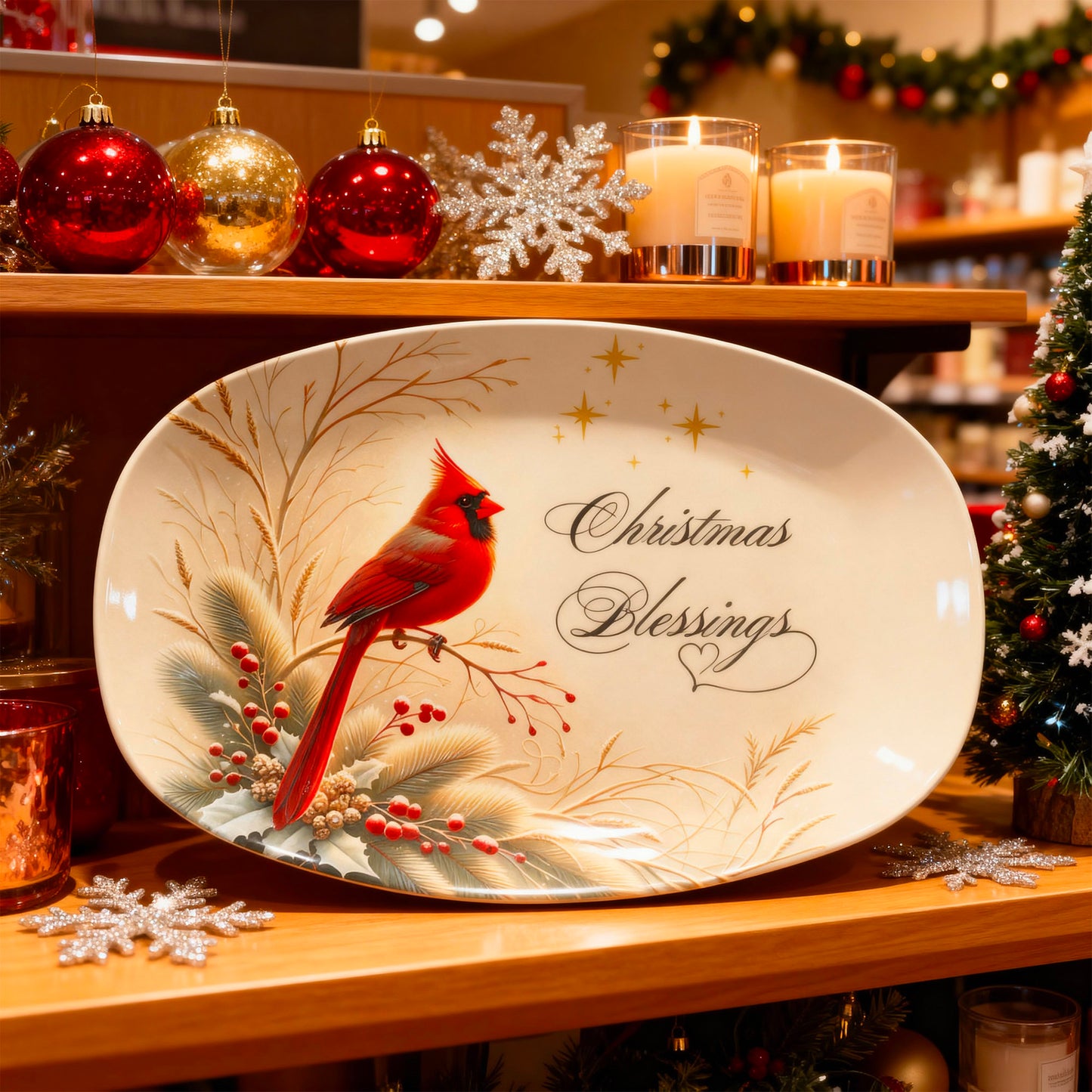 Christmas Blessings Cardinal Platter – Elegant Holiday Serving Dish for Heartfelt Gatherings or Gifting