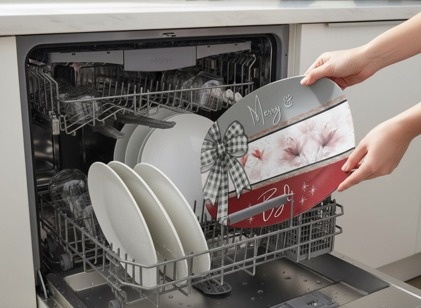 Merry & Bright Floral Christmas Platter • 10x14 Holiday Serving Tray • Oven Safe • Dishwasher Safe • Hostess Gift • Family Dinnerware