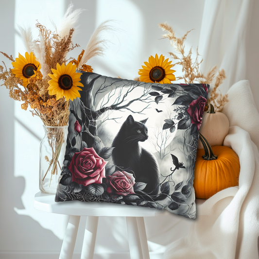 Gothic Black Cat & Roses Pillow Cover — Moonlit Faux Suede Throw Pillowcase