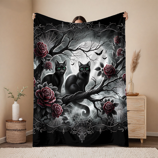Gothic Black Cats & Roses Velveteen Blanket — Emerald Eyes Moonlit Halloween Throw