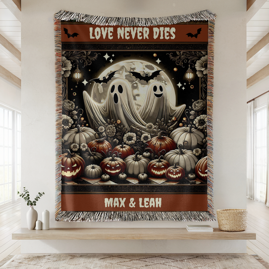 Haunted Harvest Personalized Blanket – Love Never Dies Ghost Couple | Halloween Throw with Names