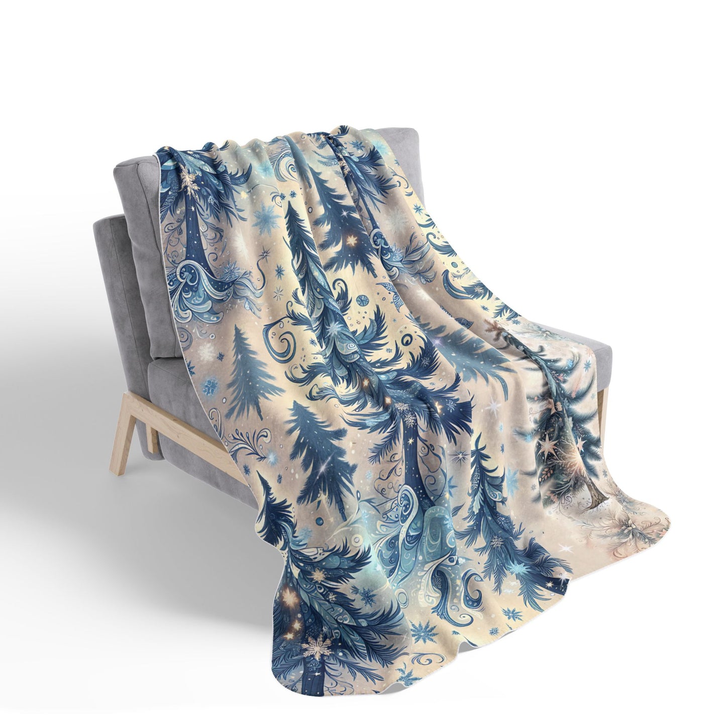 Frosted Woodland Christmas Fleece Sherpa Blanket – Cozy 50x60” Winter Trees Design – Beige or Grey Backing