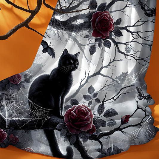 Gothic Black Cat & Roses Velveteen Blanket - Moonlit Spiderweb Halloween Throw in 3 Sizes