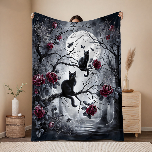 Gothic Black Cats & Roses Velveteen Blanket — Sapphire Eyes Moonlit Halloween Throw