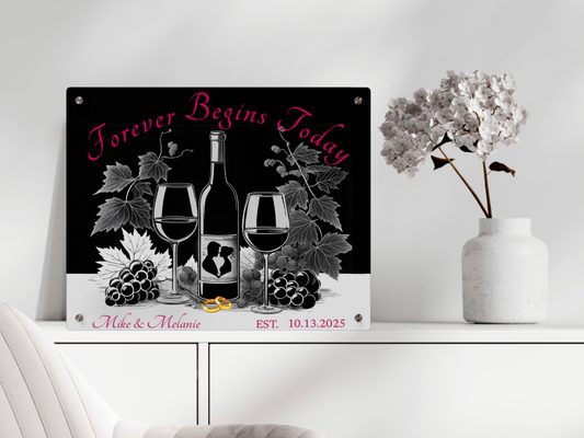 Personalized Wedding Acrylic Wall Art – “Forever Begins Today” Black & White Wine Panel with Names & Date