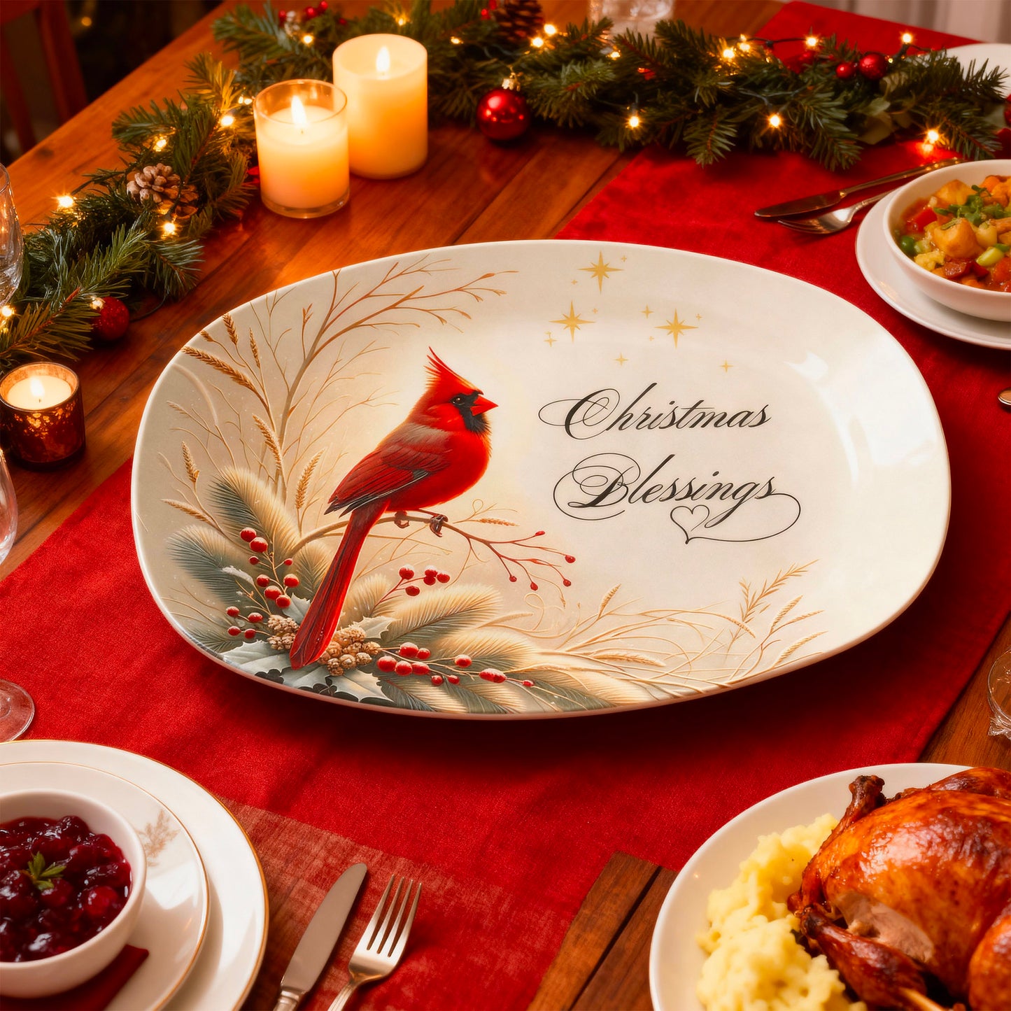 Christmas Blessings Cardinal Platter – Elegant Holiday Serving Dish for Heartfelt Gatherings or Gifting