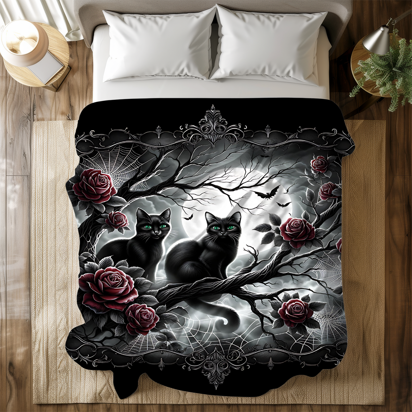 Gothic Black Cats & Roses Velveteen Blanket — Emerald Eyes Moonlit Halloween Throw