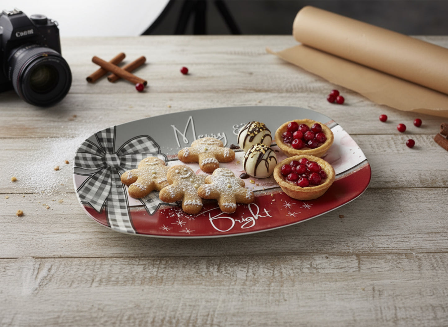 Merry & Bright Floral Christmas Platter • 10x14 Holiday Serving Tray • Oven Safe • Dishwasher Safe • Hostess Gift • Family Dinnerware