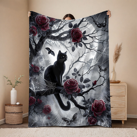 Gothic Black Cat & Roses Velveteen Blanket - Moonlit Spiderweb Halloween Throw in 3 Sizes