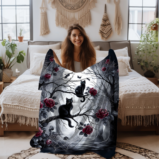 Gothic Black Cats & Roses Velveteen Blanket — Sapphire Eyes Moonlit Halloween Throw